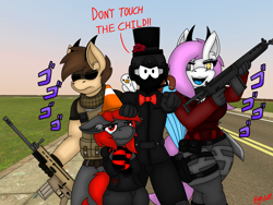 Size: 4032x3024 | Tagged: safe, artist:ryanthecone, imported from derpibooru, oc, oc:ryanthecone, anthro, bird, demon, demon pony, earth pony, human, original species, 3d, angry, anthro with ponies, gmod, gun, hat, horns, injured, jojo's bizarre adventure, menacing, rifle, sad, top hat, traffic cone, weapon, ゴ ゴ ゴ