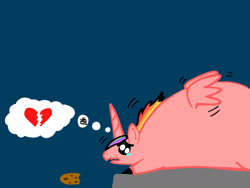 Size: 2048x1536 | Tagged: safe, artist:artmama113, imported from derpibooru, oc, oc only, alicorn, pony, alicorn oc, blue background, cookie, fat, food, heartbreak, horn, male, obese, pictogram, simple background, solo, stallion, teary eyes, wings