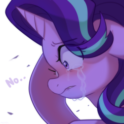 Size: 2600x2600 | Tagged: safe, artist:maren, imported from derpibooru, starlight glimmer, pony, unicorn, crying, eye clipping through hair, female, mare, no, sad, sadlight glimmer, simple background, solo, white background