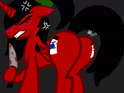 Size: 2048x1536 | Tagged: safe, artist:artmama113, imported from derpibooru, oc, oc only, oc:yaoilover, alicorn, bat pony, bat pony alicorn, pony, bat pony oc, bat wings, blood, butt, cross-popping veins, eyes closed, female, hoof hold, horn, knife, mare, plot, wings