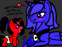 Size: 2048x1536 | Tagged: safe, artist:artmama113, imported from derpibooru, princess luna, oc, oc:yaoilover, alicorn, bat pony, bat pony alicorn, pony, baby, baby pony, bat pony oc, bat wings, dark background, diaper, duo, female, hoof shoes, horn, lying down, mare, peytral, prone, s1 luna, wings