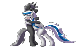 Size: 2917x1798 | Tagged: safe, artist:fluor1te, imported from derpibooru, oc, oc only, oc:lady lightning strike, oc:the ghost, black fur, blue highlight, blushing, duo, gray mane, grey fur, hug, simple background, transparent background, white mane