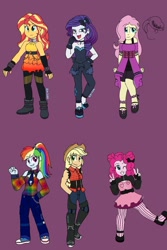 Size: 900x1347 | Tagged: safe, artist:fallenangel5414, imported from derpibooru, applejack, fluttershy, pinkie pie, rainbow dash, rarity, sunset shimmer, equestria girls, the other side, converse, humane five, peace sign, purple background, shoes, simple background