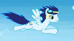 Size: 1280x720 | Tagged: safe, imported from derpibooru, screencap, soarin', pegasus, pony, rainbow falls, flying, goggles, lidded eyes, male, smiling, solo, spread wings, stallion, wings