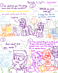 Size: 4779x6013 | Tagged: safe, artist:adorkabletwilightandfriends, imported from derpibooru, amethyst star, apple bloom, scootaloo, sparkler, sweetie belle, twilight sparkle, oc, oc:lawrence, oc:trevor, alicorn, earth pony, pegasus, pony, unicorn, comic:adorkable twilight and friends, adorkable, adorkable twilight, book, carving, cloud, comic, contest, cute, cutie mark crusaders, dork, female, filly, friendship, glasses, halloween, hmm, holiday, humor, innocent, judge, knife, library, male, mare, necktie, outdoors, overcast, pumpkin, silly, sitting, slice of life, stallion, that pony sure does love books, twilight sparkle (alicorn), unamused