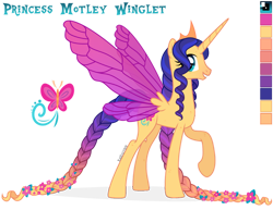 Size: 1024x790 | Tagged: safe, artist:kabuvee, imported from derpibooru, oc, oc only, oc:motley winglet, alicorn, pony, braid, braided tail, female, insect wings, mare, reference sheet, simple background, solo, transparent background, wings