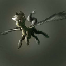 Size: 3000x3000 | Tagged: safe, artist:akurion, imported from derpibooru, applejack, pegasus, pony, fanfic:the archetypist, applejack's hat, cowboy hat, dark, fanfic, fanfic art, female, flapplejack, flying, gradient background, gray background, grayscale, hat, mare, monochrome, race swap, simple background, solo, stetson, wings