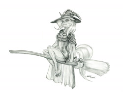 Size: 1400x1052 | Tagged: safe, artist:baron engel, imported from derpibooru, trixie, anthro, unguligrade anthro, unicorn, broom, clothes, colored hooves, female, flying, flying broomstick, grayscale, halloween, hat, holiday, monochrome, pencil drawing, simple background, solo, traditional art, white background, witch, witch hat