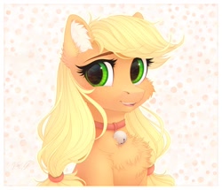 Size: 1200x1033 | Tagged: safe, artist:vird-gi, imported from derpibooru, applejack, earth pony, pony, bell, bell collar, cat bell, cheek fluff, chest fluff, collar, colored pinnae, cute, ear fluff, female, hatless, jackabetes, leg fluff, looking at you, mare, missing accessory, open mouth, solo