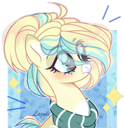 Size: 1310x1354 | Tagged: safe, artist:lazuli, artist:mint-light, imported from derpibooru, oc, oc only, earth pony, pony, bust, clothes, commission, earth pony oc, eye clipping through hair, eyelashes, scarf, signature, simple background, solo, transparent background, ych result