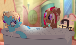 Size: 3096x1855 | Tagged: safe, artist:al-lat, imported from derpibooru, oc, oc only, oc:june blaze, oc:machiko, earth pony, pegasus, pony, bath, bathtub, bedroom eyes, bubble, commission, eye scar, eyebrow piercing, female, grin, lesbian, looking at each other, oc x oc, open mouth, piercing, scar, shipping, smiling, soap bubble, water, ych result