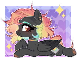 Size: 1700x1278 | Tagged: safe, artist:lazuli, artist:mint-light, imported from derpibooru, oc, oc only, pegasus, pony, choker, commission, ear piercing, eyelashes, hoof polish, multicolored hair, pegasus oc, piercing, rainbow hair, signature, simple background, solo, transparent background, two toned wings, wings, ych result