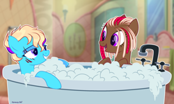 Size: 3096x1855 | Tagged: safe, alternate version, artist:al-lat, imported from derpibooru, oc, oc only, oc:june blaze, oc:machiko, earth pony, pegasus, pony, bath, bathtub, bedroom eyes, bubble, commission, eye scar, eyebrow piercing, female, grin, lesbian, looking at each other, oc x oc, open mouth, piercing, scar, shipping, smiling, soap bubble, water, ych result