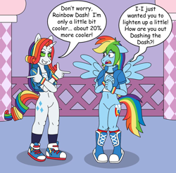 Size: 1024x1012 | Tagged: safe, artist:gameboysage, imported from derpibooru, rainbow dash, rarity, anthro, plantigrade anthro, equestria girls, 20% cooler, boots, bottomless, clothes, converse, featureless crotch, finger gun, grammar error, grin, hypnosis, hypnotized, multicolored hair, partial nudity, personality change, rainbow hair, shoes, smiling, swirly eyes, tomboy