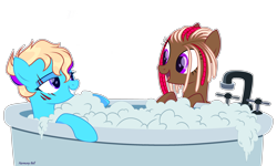 Size: 3096x1855 | Tagged: safe, alternate version, artist:al-lat, imported from derpibooru, oc, oc only, oc:june blaze, oc:machiko, earth pony, pegasus, pony, bath, bathtub, bedroom eyes, bubble, commission, eye scar, eyebrow piercing, female, grin, lesbian, looking at each other, oc x oc, open mouth, piercing, scar, shipping, simple background, smiling, soap bubble, transparent background, water, ych result