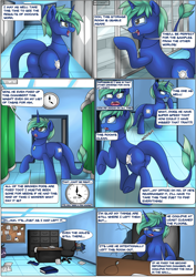 Size: 2893x4092 | Tagged: safe, artist:novaspark, imported from derpibooru, oc, oc only, oc:nova spark, monster pony, original species, tatzlpony, comic:working for a mad mare, book, butt, clock, comic, dialogue, ear fluff, female, floppy ears, frog (hoof), glasses, high res, hooves, horn, indoors, narrowed eyes, onomatopoeia, open mouth, open smile, paper, plot, raised hoof, raised leg, shading, shadow, shrunken pupils, signature, smiling, solo, speech bubble, standing, tail, underhoof, walking