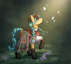 Size: 2566x2292 | Tagged: safe, artist:helmie-art, artist:helmie-d, imported from derpibooru, oc, oc only, oc:karoline skies, butterfly, earth pony, pony, boots, braid, braided tail, clothes, crepuscular rays, cute, dress, ear fluff, earth pony oc, featured image, female, floral head wreath, flower, folk costume, freckles, high res, looking up, mare, ocbetes, outfit, poland, profile, raised hoof, shoes, signature, skirt, slavic, smiling, solo, standing, sweet dreams fuel, traditional art, traditional dress, twin braids
