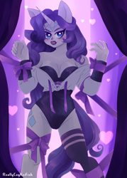 Size: 3000x4200 | Tagged: safe, artist:reallycoykoifish, imported from derpibooru, rarity, anthro, human, unicorn, blue eyes, bondage, clothes, curls, curly hair, eared humanization, ears, eyelashes, heart, heart eyes, horn, horned humanization, humanized, leotard, light, lighting, pinup, purple, purple background, ribbon, simple background, socks, solo, stockings, tailed humanization, thigh highs, white pony, wingding eyes