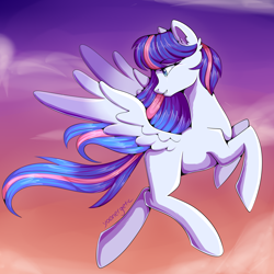 Size: 2480x2480 | Tagged: safe, artist:yoonergetic, imported from derpibooru, oc, pegasus, pony, dawn, female, flying, head turn, mare, wings