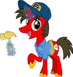 Size: 2580x2709 | Tagged: safe, artist:shadymeadow, imported from derpibooru, oc, oc:fried egg, pony, unicorn, clothes, costume, fix-it felix jr., hammer, magic, male, nightmare night costume, ralph breaks the internet, simple background, solo, stallion, transparent background, wreck-it ralph, wreck-it ralph 2
