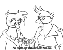 Size: 704x562 | Tagged: safe, artist:jargon scott, imported from ponybooru, gallus, oc, oc:whore birb, anthro, griffon, black and white, clothes, dollar, duo, female, grayscale, male, money, monochrome, simple background, subtitles, sunglasses, trenchcoat, white background