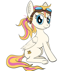 Size: 960x960 | Tagged: safe, artist:hotkinkajou, oc, oc only, oc:bombshell, pegasus, pony, alternate hairstyle, bomb, dock, ear fluff, female, goggles, looking at you, mare, pigtails, simple background, sitting, smiling, solo, underhoof, white background, wings