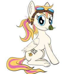 Size: 960x960 | Tagged: safe, artist:hotkinkajou, oc, oc only, oc:bombshell, pegasus, pony, alternate hairstyle, animated, body writing, bomb, boop, clothes, costume, cute, dock, ear fluff, female, goggles, hit marker, looking at you, mare, nightmare night costume, ocbetes, pigtails, self-boop, simple background, sitting, smiling, solo, underhoof, weapon, white background, wings