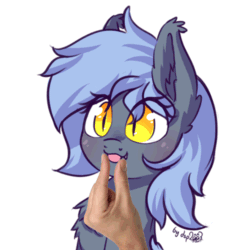 Size: 500x500 | Tagged: safe, artist:dsp2003, edit, editor:hotkinkajou, oc, oc only, oc:panne, bat pony, human, pony, :p, animated, bat pony oc, bat wings, bust, chest fluff, cute, cute little fangs, disembodied hand, ear fluff, fangs, female, hand, mare, mlem, silly, simple background, solo focus, tongue holding, tongue out, weapons-grade cute, white background, wings