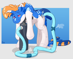 Size: 2460x2000 | Tagged: safe, artist:ailoy4, imported from derpibooru, oc, oc only, oc:arcane waves, dolphin, dolphin pony, inflatable pony, original species, pony, pooltoy pony, unicorn, air pump, deflated, high res, hose, inflatable, inflation, male, pump, simple background, solo, stallion