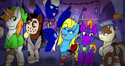 Size: 3076x1632 | Tagged: safe, artist:noblebrony317, imported from ponybooru, oc, oc:braveheart, oc:cuteamena, oc:dawnchaser, oc:electric blue, oc:gentlesteps, oc:pagan, bat pony, armor, batman the animated series, clothes, costume, cute, friday the 13th, halloween, halloween costume, holiday, jack-o-lantern, jason voorhees, joker, link, multiple characters, night guard, night guard armor, nightmare night, nightmare night costume, out on the town, pumpkin, spooky, suit, the legend of zelda, viking