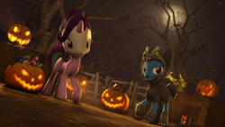 Size: 3840x2160 | Tagged: safe, artist:hexedkaiser, artist:xppp1n, imported from ponybooru, starlight glimmer, trixie, 3d, animal costume, clothes, costume, halloween, hay bale, holiday, moon, pumpkin, skull, source filmmaker, wolf costume