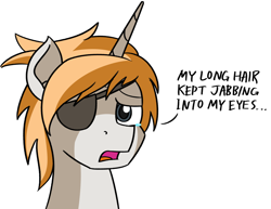 Size: 1200x925 | Tagged: safe, artist:mkogwheel, imported from ponybooru, oc, oc:itu, pony, unicorn, crying, dialogue, eyepatch, horn, male, open mouth, simple background, solo, stallion, unicorn oc, white background