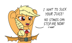 Size: 1800x1080 | Tagged: safe, artist:mkogwheel, imported from ponybooru, applejack, bat pony, earth pony, pony, applebat, bat ponified, bat wings, clothes, costume, dialogue, fangs, female, mare, missing accessory, race swap, simple background, solo, underhoof, white background, wings