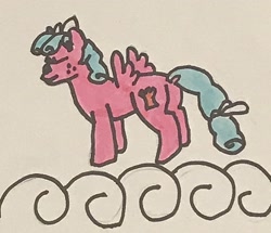 Size: 2606x2246 | Tagged: safe, artist:whistle blossom, imported from derpibooru, cozy glow, pegasus, pony, bow, butt, cloud, cozy glutes, cozybetes, cute, dock, female, filly, foal, hair bow, marker drawing, plot, smiling, solo, tail bow, traditional art