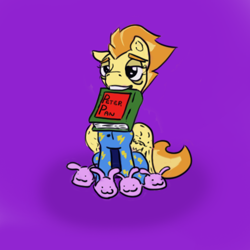 Size: 500x500 | Tagged: safe, artist:spagootispootis, imported from ponybooru, spitfire, pegasus, pony, bags under eyes, bunny slippers, clothes, female, looking at you, mare, pajamas, purple background, simple background, sitting, sleepy, slippers, solo