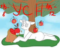 Size: 3000x2384 | Tagged: safe, artist:lowname, imported from derpibooru, oc, oc only, pony, unicorn, apple, bag, commission, food, glowing horn, horn, lying down, magic, prone, solo, telekinesis, tree, unicorn oc, your character here