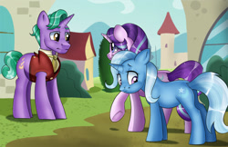 Size: 1911x1240 | Tagged: safe, artist:ali-selle, imported from derpibooru, firelight, starlight glimmer, trixie, pony, unicorn, clothes, commission, family, father and child, father and daughter, female, girlfriend, illustration, lesbian, male, mare, shipping, stallion, startrix