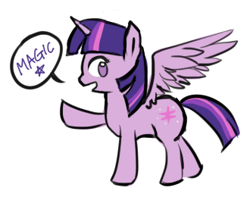 Size: 330x260 | Tagged: safe, artist:ujey02, imported from derpibooru, twilight sparkle, alicorn, pony, dialogue, female, magic, mare, no pupils, open mouth, profile, simple background, solo, speech bubble, spread wings, twilight sparkle (alicorn), white background, wings
