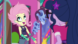 Size: 1920x1080 | Tagged: safe, imported from derpibooru, screencap, fluttershy, sci-twi, twilight sparkle, equestria girls, equestria girls series, the road less scheduled, spoiler:eqg series (season 2), alternate hairstyle, choker, clothes, crystal skull staff, duo, eyeshadow, fingerless gloves, flutterpunk, gloves, lipstick, makeup, studded choker, tanktop