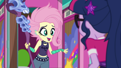 Size: 1920x1080 | Tagged: safe, imported from derpibooru, screencap, fluttershy, sci-twi, twilight sparkle, equestria girls, equestria girls series, the road less scheduled, spoiler:eqg series (season 2), alternate hairstyle, choker, clothes, crystal skull staff, duo, eyeshadow, fingerless gloves, flutterpunk, gloves, lipstick, makeup, staff, striped gloves, studded choker, tanktop