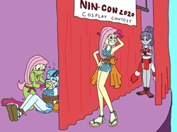 Size: 1510x1130 | Tagged: safe, artist:bugssonicx, imported from derpibooru, fluttershy, maud pie, pinkie pie, sonata dusk, equestria girls, bondage, brightly colored ninjas, chloroform, clothes, cosplay, costume, crossed arms, curtains, disguise, grin, kimono (clothing), kunoichi, mai shiranui, nami, ninja, one piece, rope, sandals, smiling, stage, tied up, wig