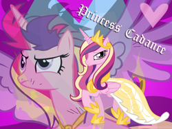 Size: 1024x768 | Tagged: safe, artist:michella lovecuti, imported from derpibooru, princess cadance, alicorn, pegasus, pony, unicorn, a canterlot wedding, caption, clothes, dress, female, messy mane, solo, spanish description, text, wallpaper