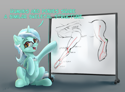 Size: 3484x2560 | Tagged: safe, artist:xbi, imported from derpibooru, lyra heartstrings, pony, unicorn, anatomy, anthropology-with-lyra, comic, dialogue, female, glasses, gradient background, leg, looking at you, mare, silly, silly lyra, sitting, solo, talking, talking to viewer, whiteboard