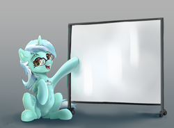 Size: 3484x2560 | Tagged: safe, alternate version, artist:xbi, imported from derpibooru, lyra heartstrings, pony, unicorn, female, glasses, gradient background, looking at you, mare, sitting, solo, talking, textless version, whiteboard