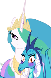 Size: 381x586 | Tagged: safe, imported from derpibooru, princess celestia, princess ember, alicorn, dragon, pony, blushing, dragoness, emberlestia, female, lesbian, shipping, smug