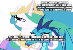 Size: 599x417 | Tagged: safe, imported from derpibooru, princess celestia, princess ember, alicorn, dragon, pony, blushing, dragoness, emberlestia, female, implied sex slave, implied slave, lesbian, shipping, smiling, smirk, smug