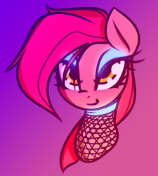 Size: 1272x1416 | Tagged: safe, artist:jetwave, imported from derpibooru, oc, oc only, oc:dala vault, earth pony, pony, bust, clothes, earth pony oc, eyeshadow, female, fishnet clothing, fishnets, glowing makeup, gradient background, makeup, mare, portrait, solo