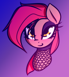 Size: 1272x1416 | Tagged: safe, alternate version, artist:jetwave, imported from derpibooru, oc, oc only, oc:dala vault, earth pony, pony, bust, clothes, earth pony oc, eyeshadow, female, fishnet clothing, fishnets, gradient background, makeup, mare, portrait, solo