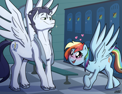 Size: 3300x2550 | Tagged: safe, artist:strangerdanger, imported from derpibooru, rainbow dash, soarin', wonderbolts academy, female, heart, large wings, locker room, male, shipping, soarindash, straight, towel, unshorn fetlocks, wet, wet mane, wings