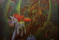 Size: 4392x2974 | Tagged: safe, artist:cahandariella, imported from derpibooru, oc, oc:obsidian, earth pony, pony, timber wolf, unicorn, colored pencil drawing, everfree forest, fanfic art, forest, parent:discord, parent:king sombra, traditional art
